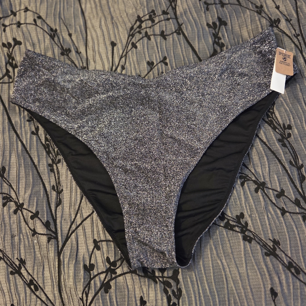 PINK Victoria's Secret Glittery Shimmer Black and Silver Bikini Bottom. Size XXL - Picture 3 of 9